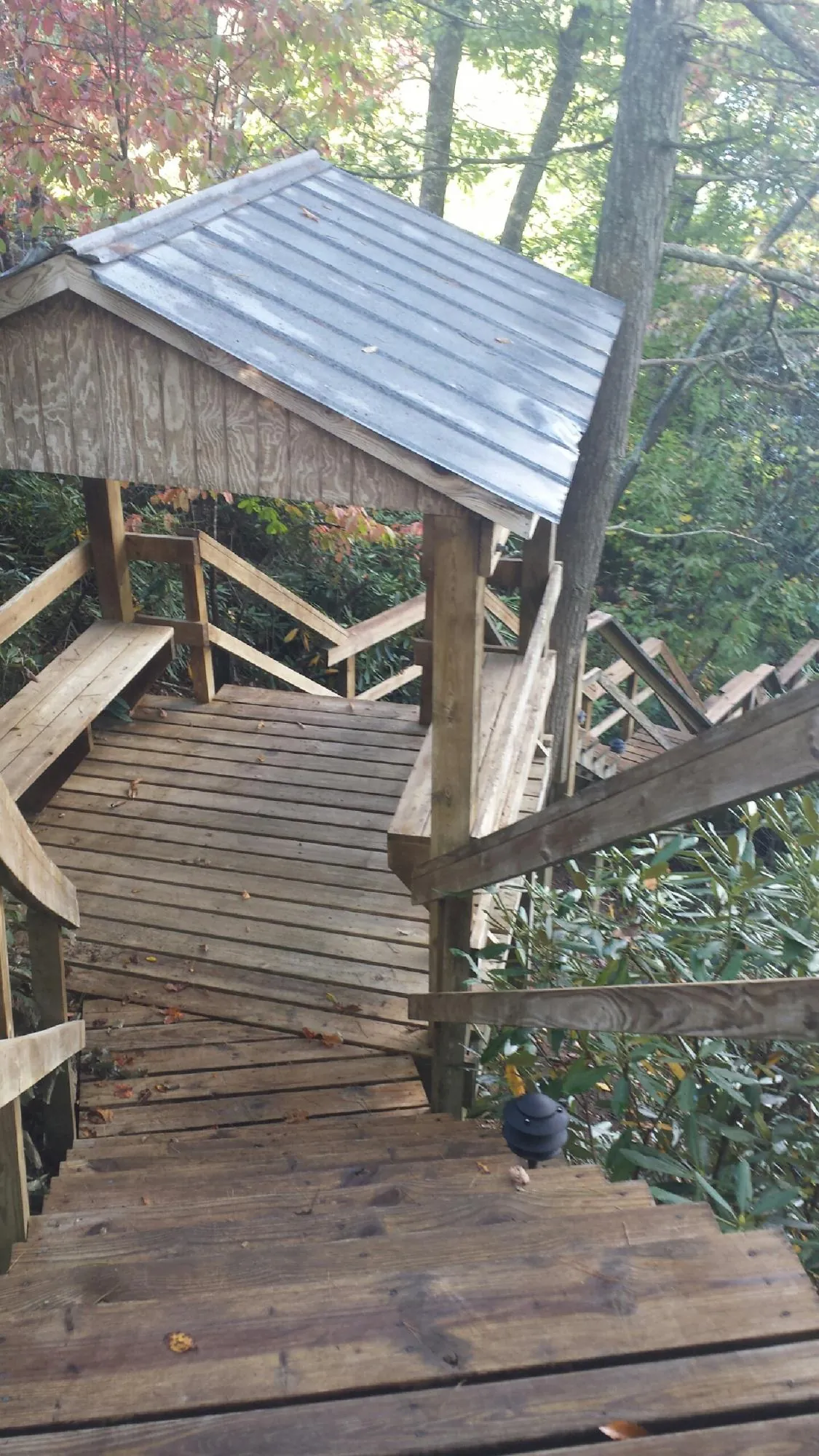 Metal roofed shelter over wooden steps on a wooded walkway — Skylight Repair & Installation work by our crew in Jasonville